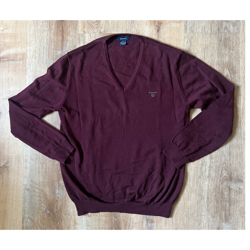 GANT Mens V Neck Sweater Burgundy Extra Fine Merino Wool Size 2XL‎ Lightweight